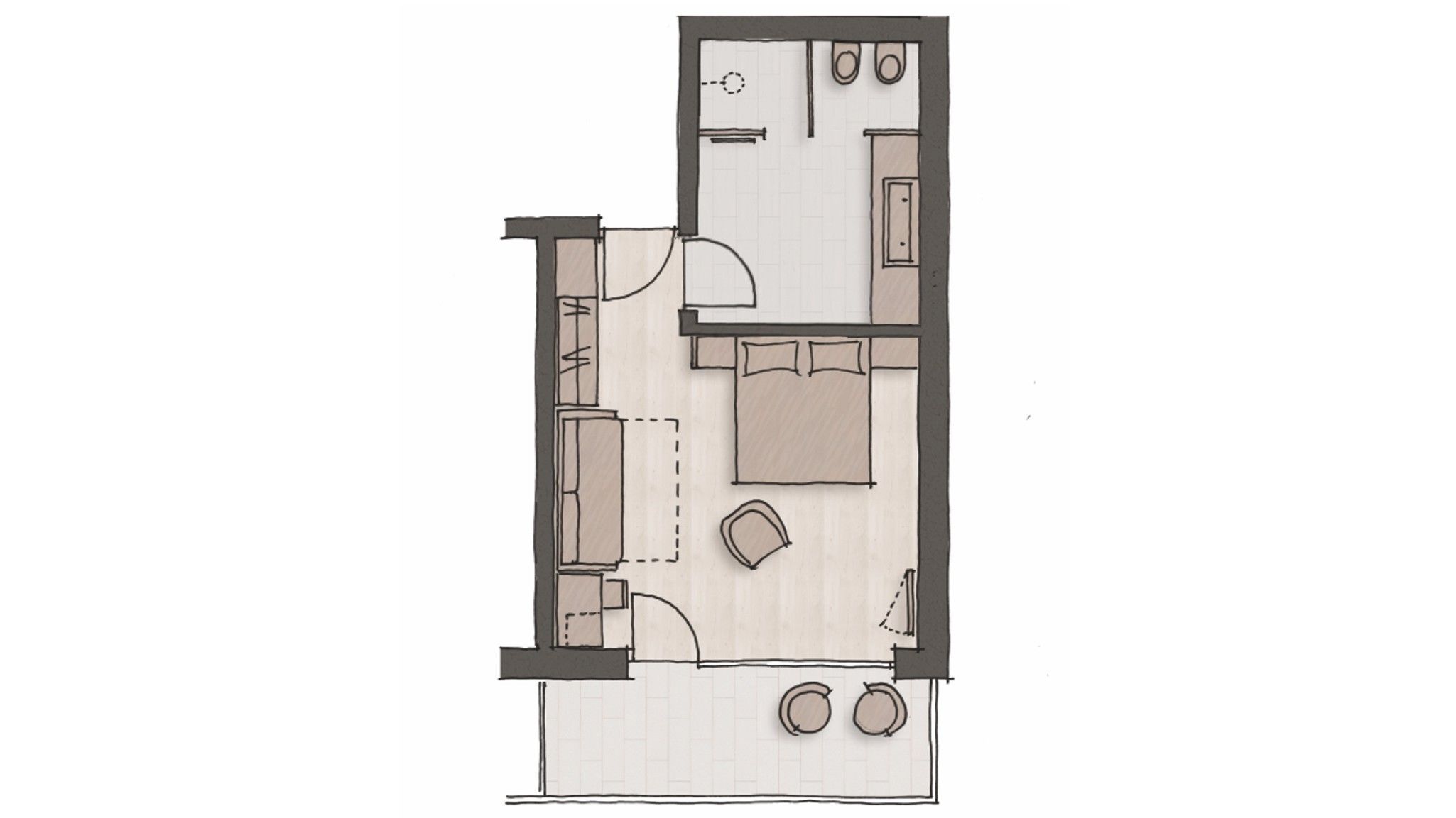 A floor plan of a hotel room with a bed, a small seating area, a kitchenette, and a bathroom.