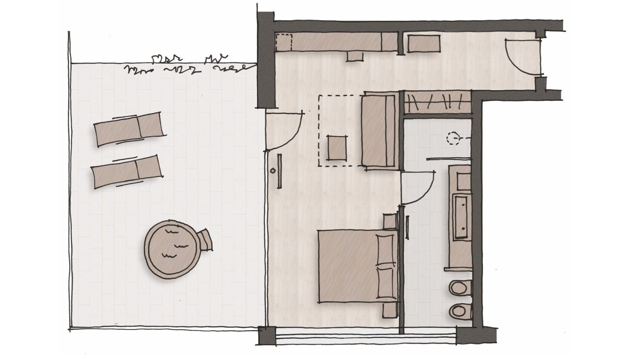 A floor plan of a hotel room with a bed, a desk, a chair, a small table, and a circular seating area.