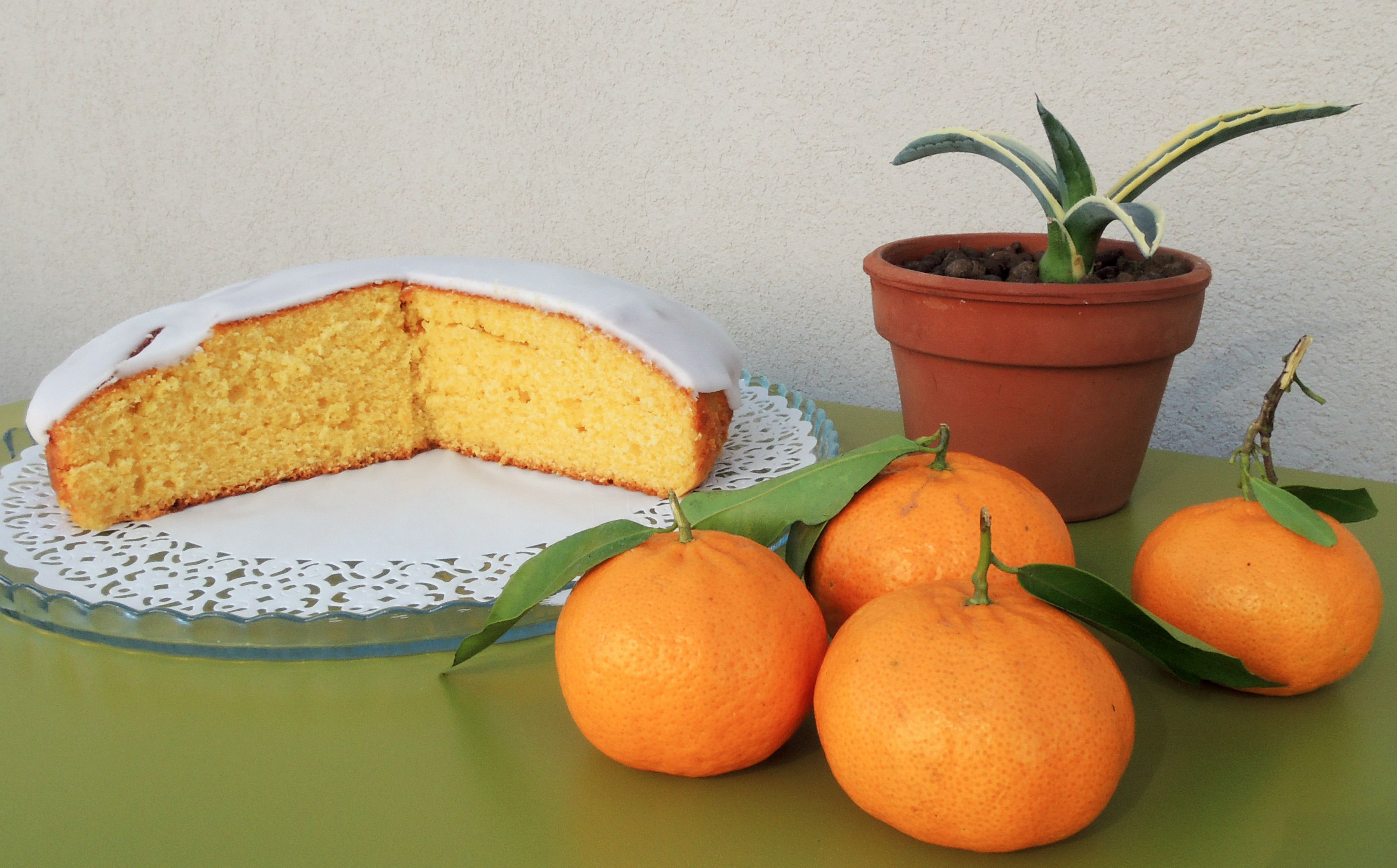 A slice of cake on a plate, a potted plant, and several oranges on a table.