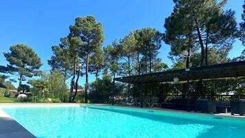 Seasonal outdoor pool, open 9:00 AM to 8:00 PM, pool loungers