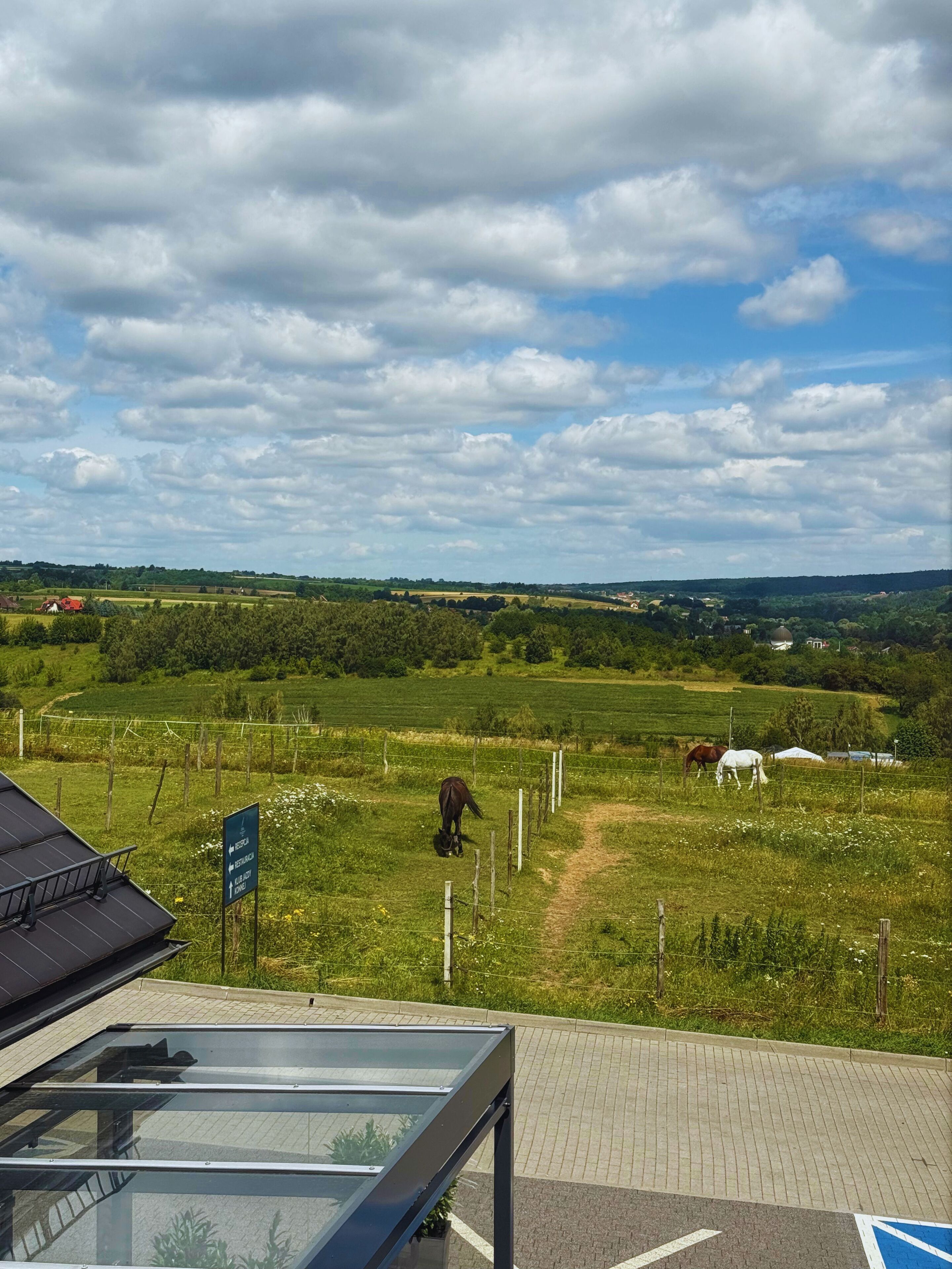 A rural landscape with a fenced field, a building with a glass enclosure, and a clear sky.