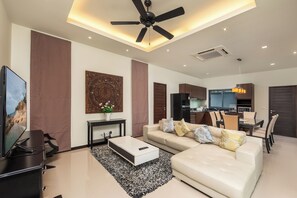 Deluxe Villa, 3 Bedrooms, Private Pool, Pool View | Living area | Plasma TV, DVD player