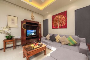 Traditional Villa, 3 Bedrooms, Private Pool | Living area | Plasma TV, DVD player