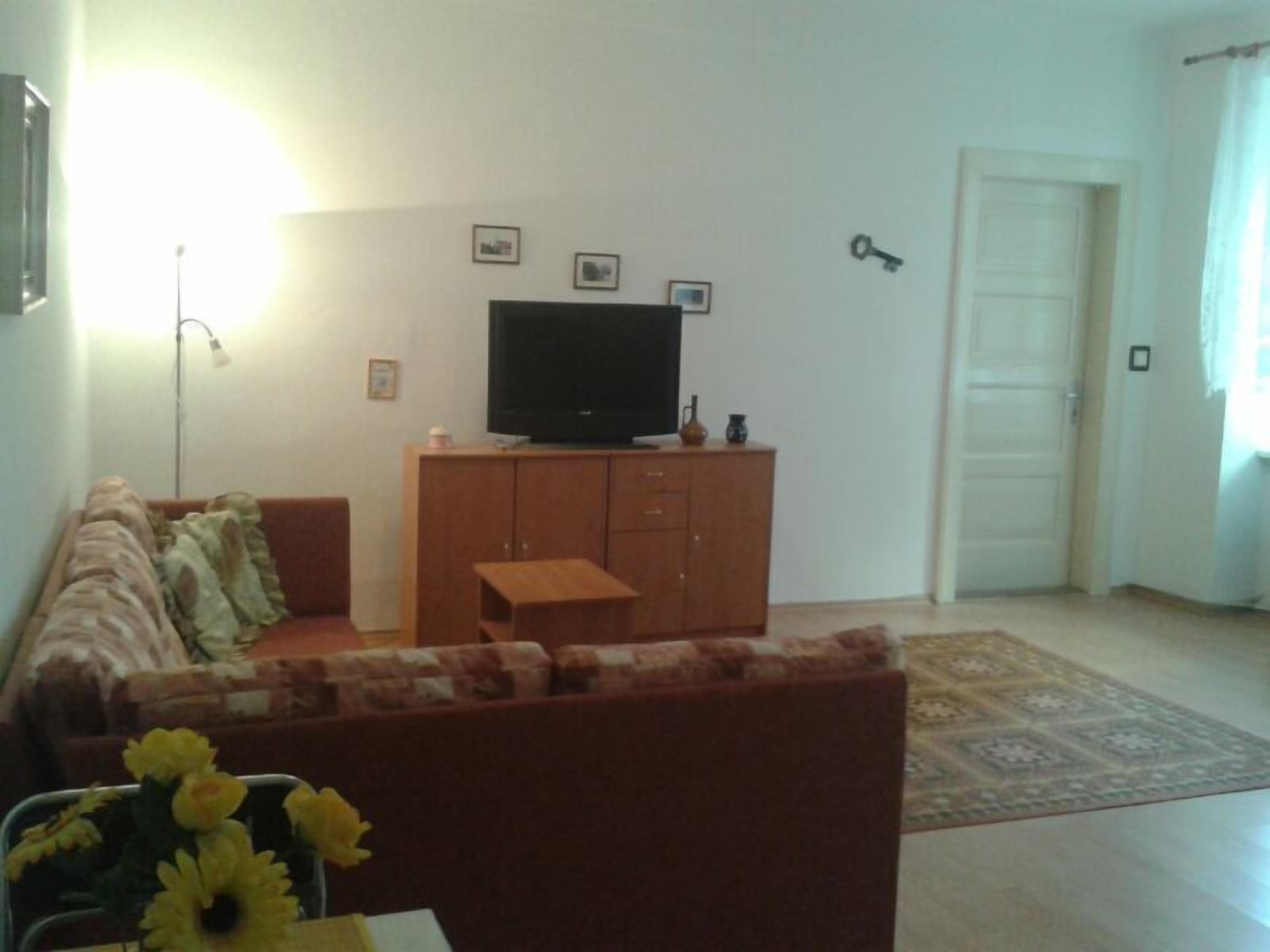 Un soggiorno con un divano, una televisione su un mobile in legno, un tavolino e un tappeto decorato.
