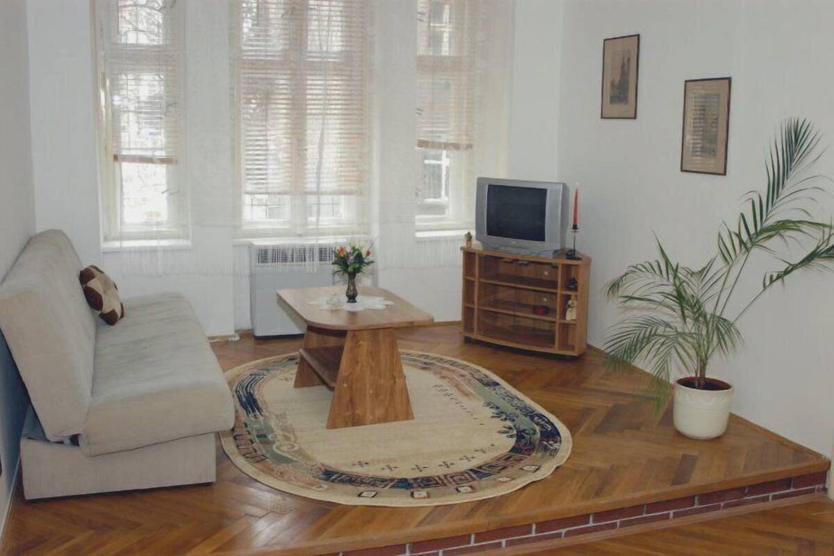 A living room with a sofa, a coffee table, a television on a wooden stand, and a potted plant.