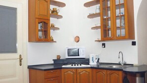 A compact kitchen with wooden cabinets, a microwave, a stove, and a sink. - Apartmany Bratislava (Bratislava)