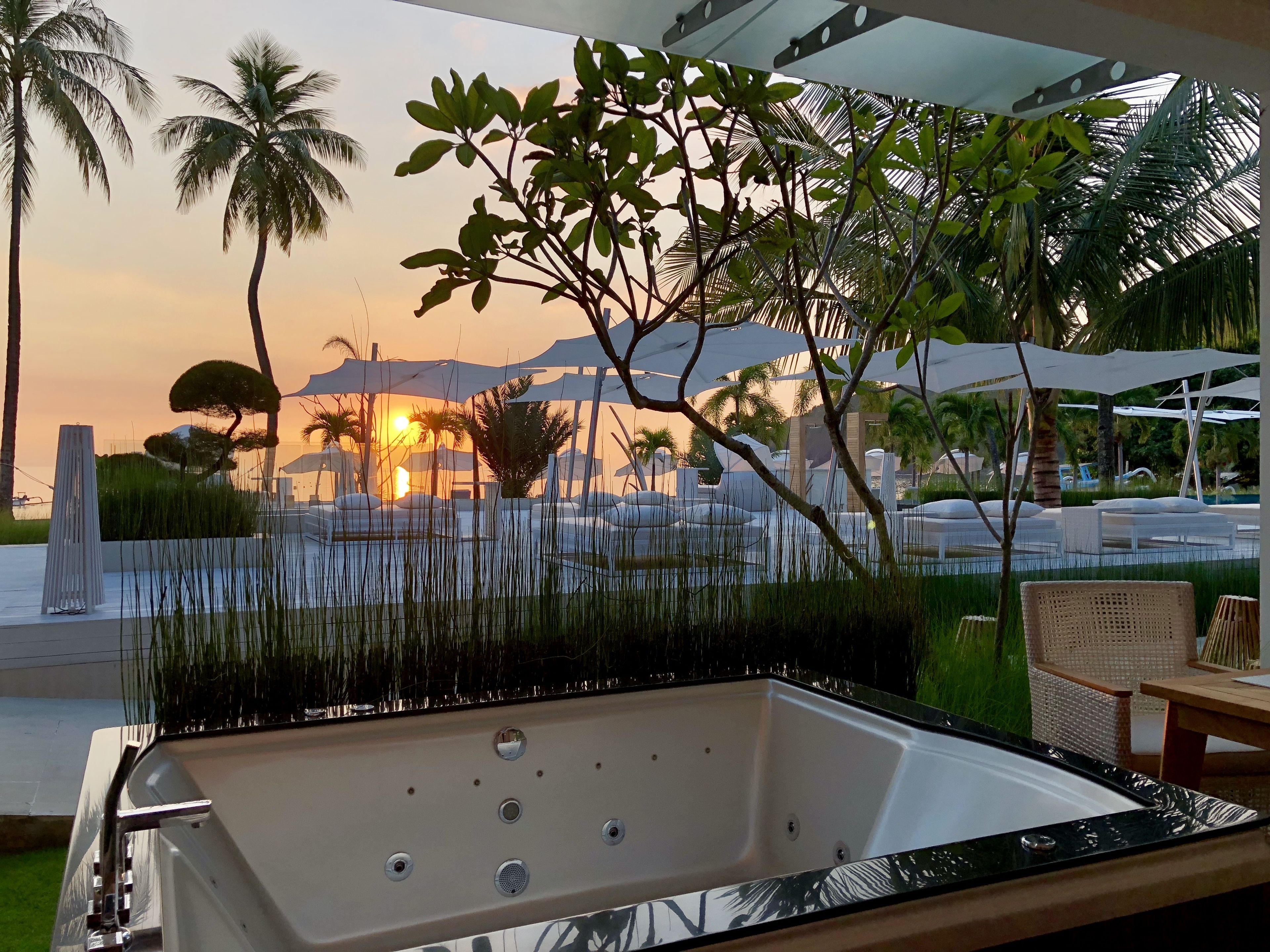 A modern outdoor pool area with a jacuzzi, surrounded by palm trees and umbrellas, during sunset.