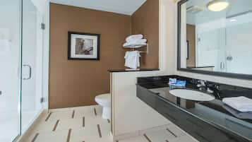 A modern bathroom with a glass shower enclosure, a white toilet, a large mirror, and a black countertop with a sink and towel rack.