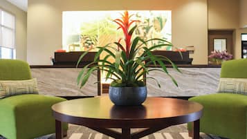 Un hall d’entrée avec un comptoir de réception, une plante en pot posée sur une table ronde et des fauteuils à revêtement vert.