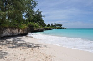 A beach with clear turquoise water, sandy shore, and lush greenery. - Yellow Bird Apartment (Silver Sands)