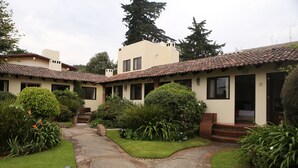 Un patio con un sendero pavimentado, rodeado de setos cuidados y una variedad de plantas.