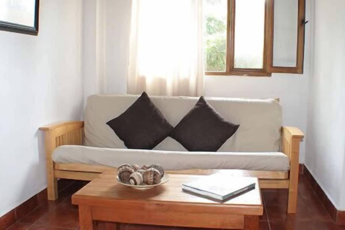 A room with a sofa, a wooden coffee table with a book and a plate of pastries, and a door.