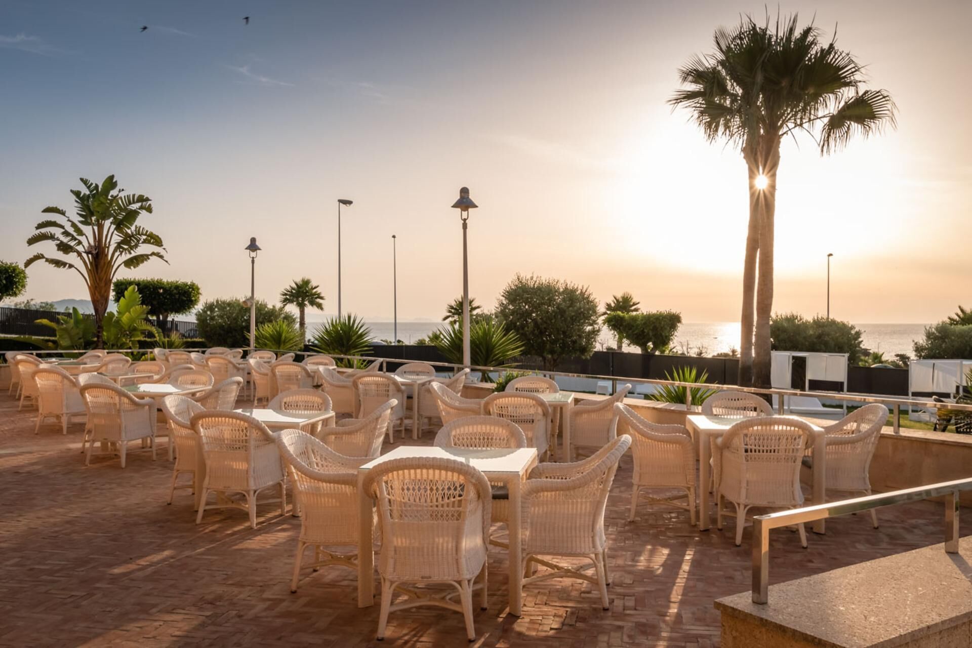 An outdoor seating area with wicker chairs and tables, overlooking a body of water with palm trees and a clear sky.