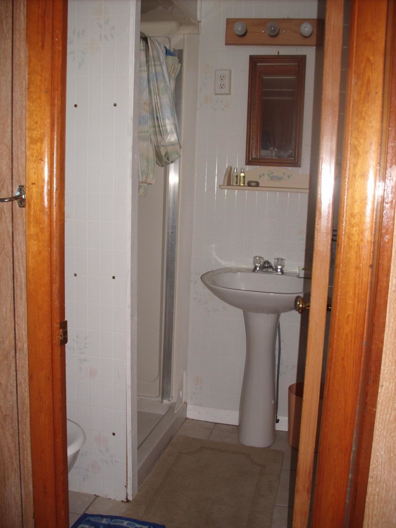 Une salle de bain avec douche, toilettes et lavabo.