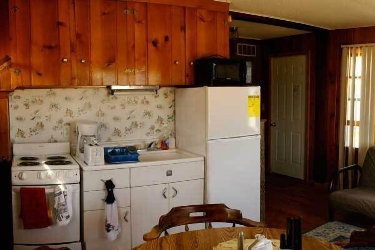 A compact kitchen with wooden cabinets, a stove, a refrigerator, and a microwave. There's a dining table with chairs and a sofa in the adjacent living area.