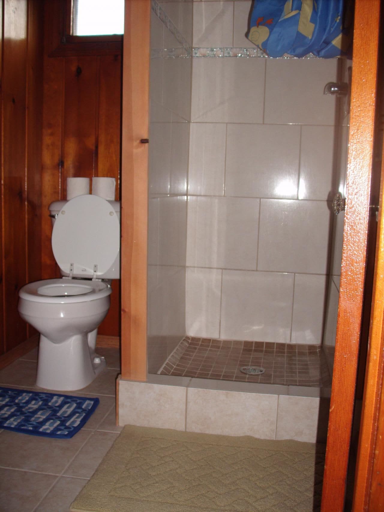 Un baño con inodoro, ducha y un tapete azul en el suelo.