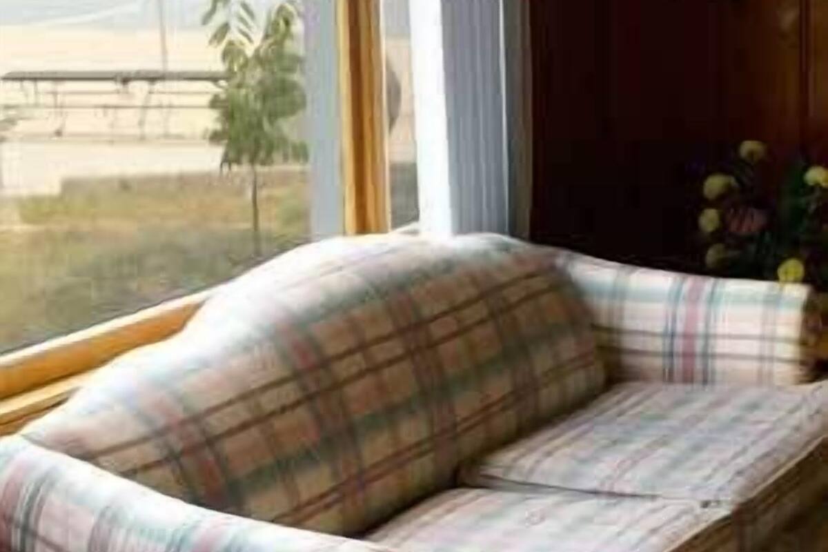 A plaid sofa in a room with a large window overlooking a beach.