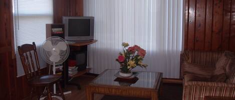 Una sala de estar con televisión, un ventilador, una mesa de centro con flores, un sofá a rayas y una silla de madera.