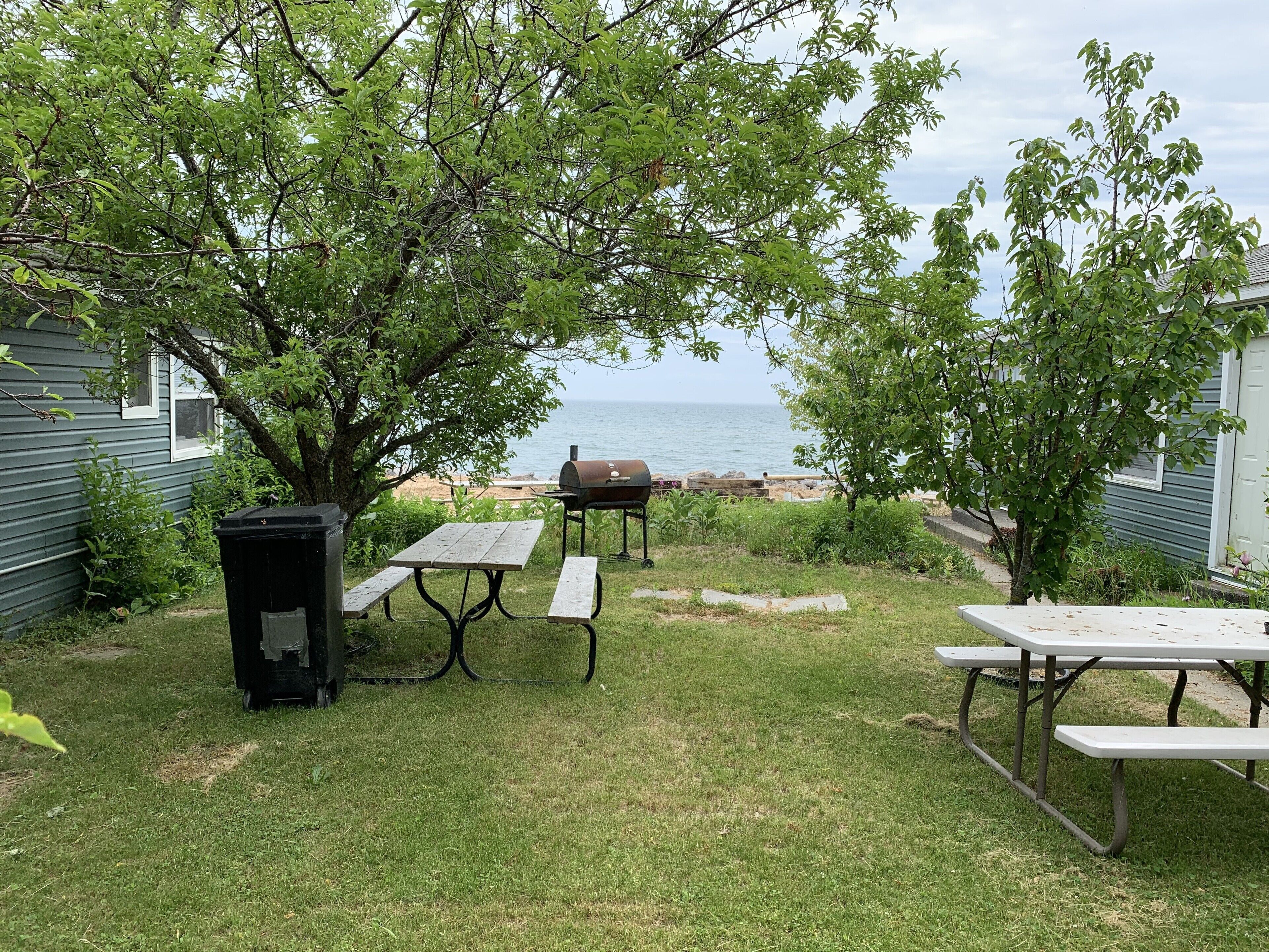 A backyard with a barbecue grill, picnic tables, and a view of the ocean.