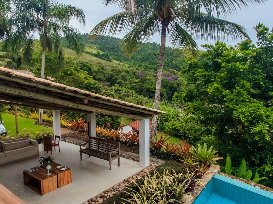 Zona de piscina con terraza de madera, asientos y vista a vegetación exuberante y una palmera.