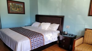 A neatly made bed with a patterned bedspread, a wooden nightstand with a phone and remote controls, and a patterned armchair.