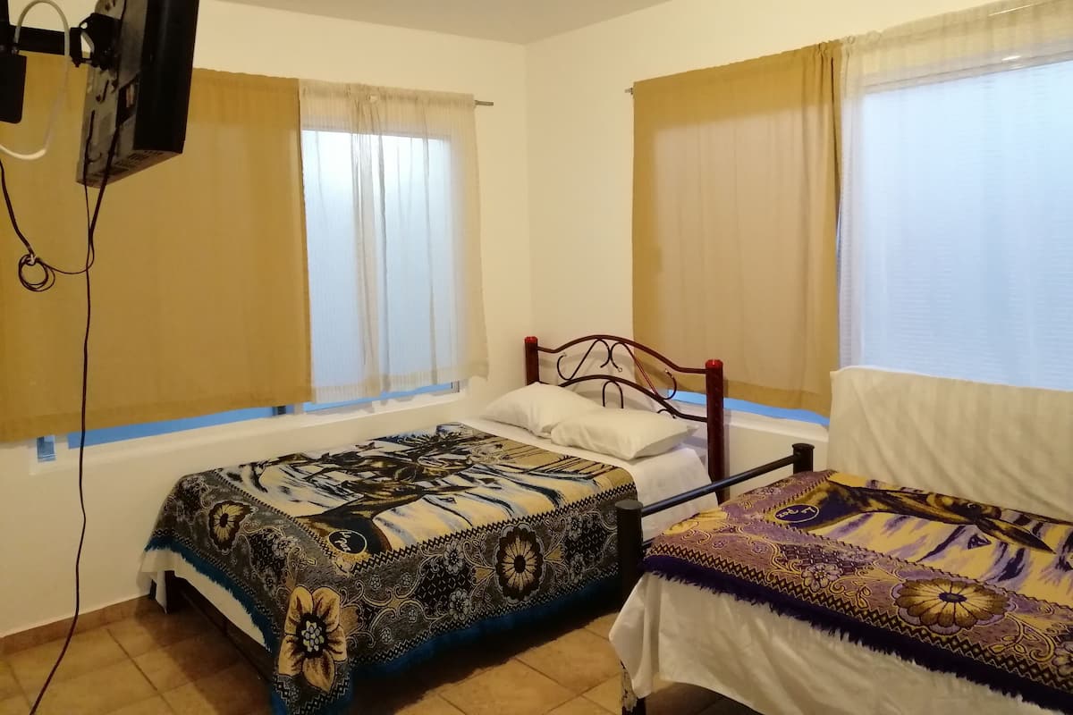A room with two single beds, each with a patterned bedspread, a wooden headboard, and a window with a sheer curtain.