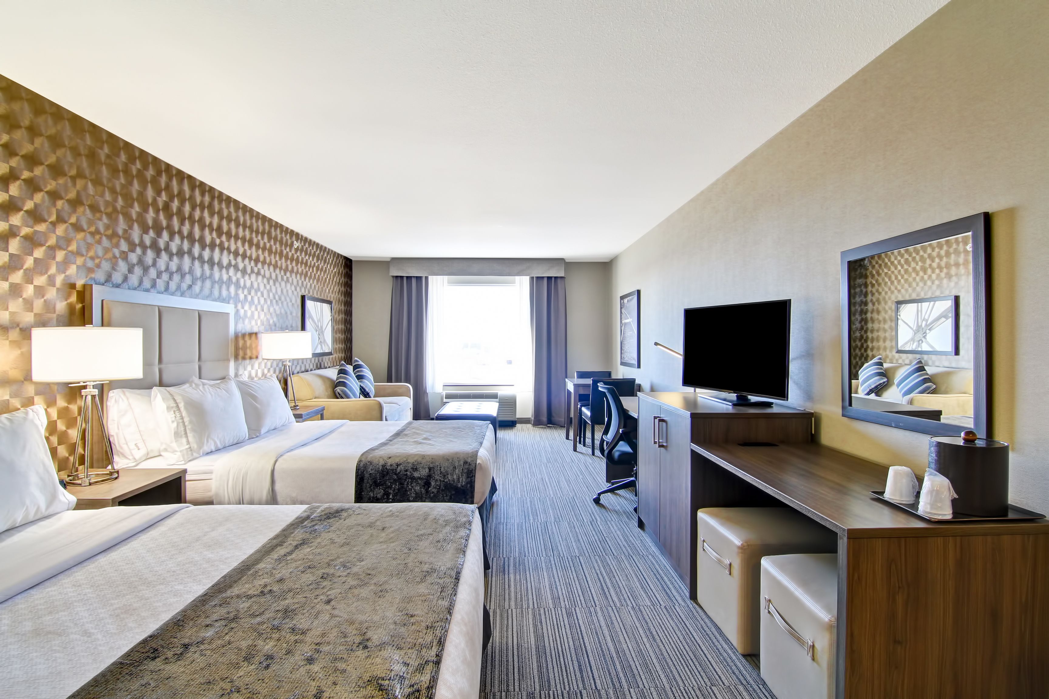 room, 2 queen beds, kitchenette | desk, laptop workspace, blackout curtains, iron/ironing board