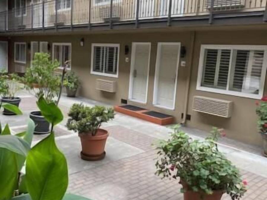 Un immeuble à plusieurs étages doté de balcons, de plantes en pot et d’une cour dallée.