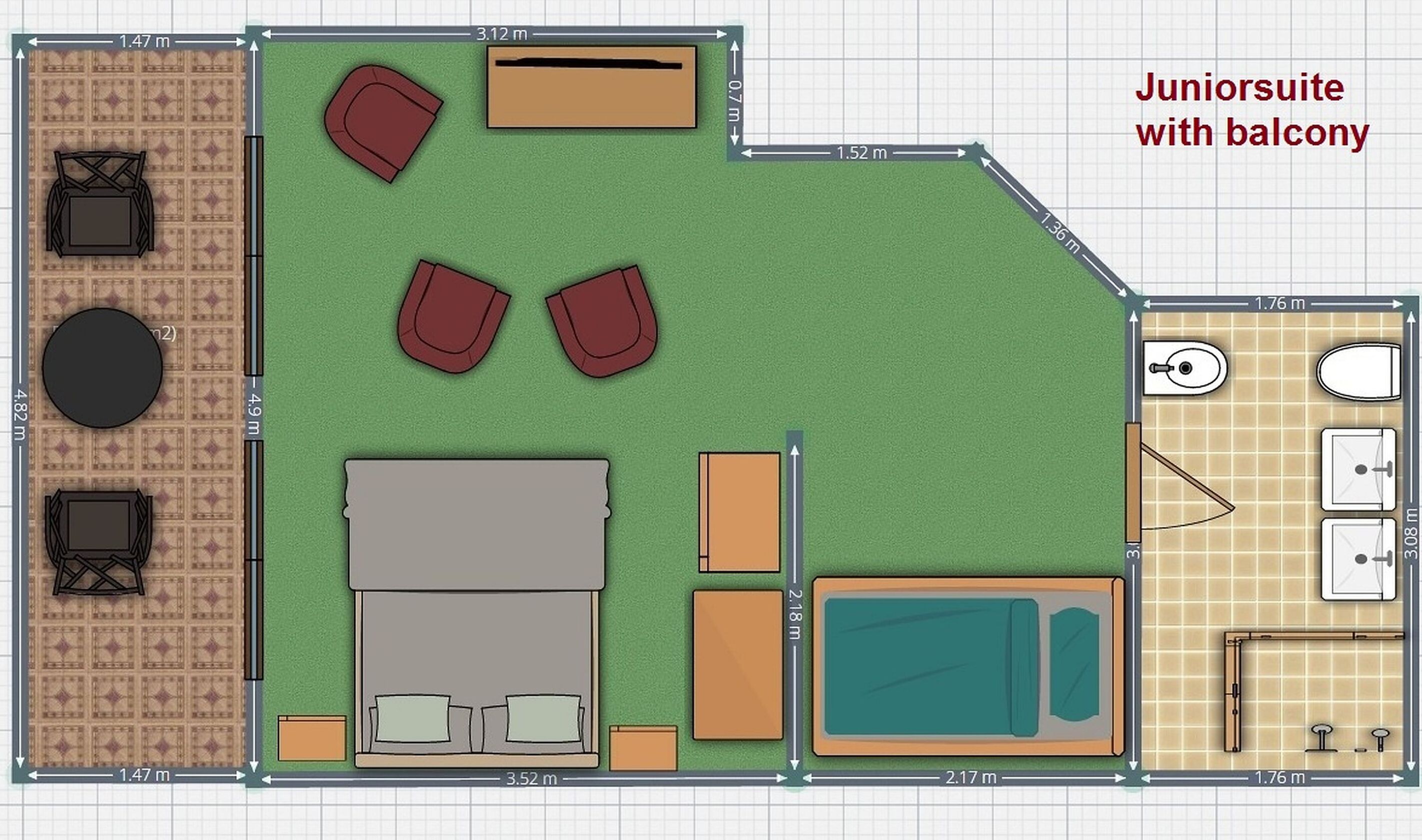 Una suite junior con balcón, que incluye un dormitorio, baño y una pequeña zona de estar al aire libre.
