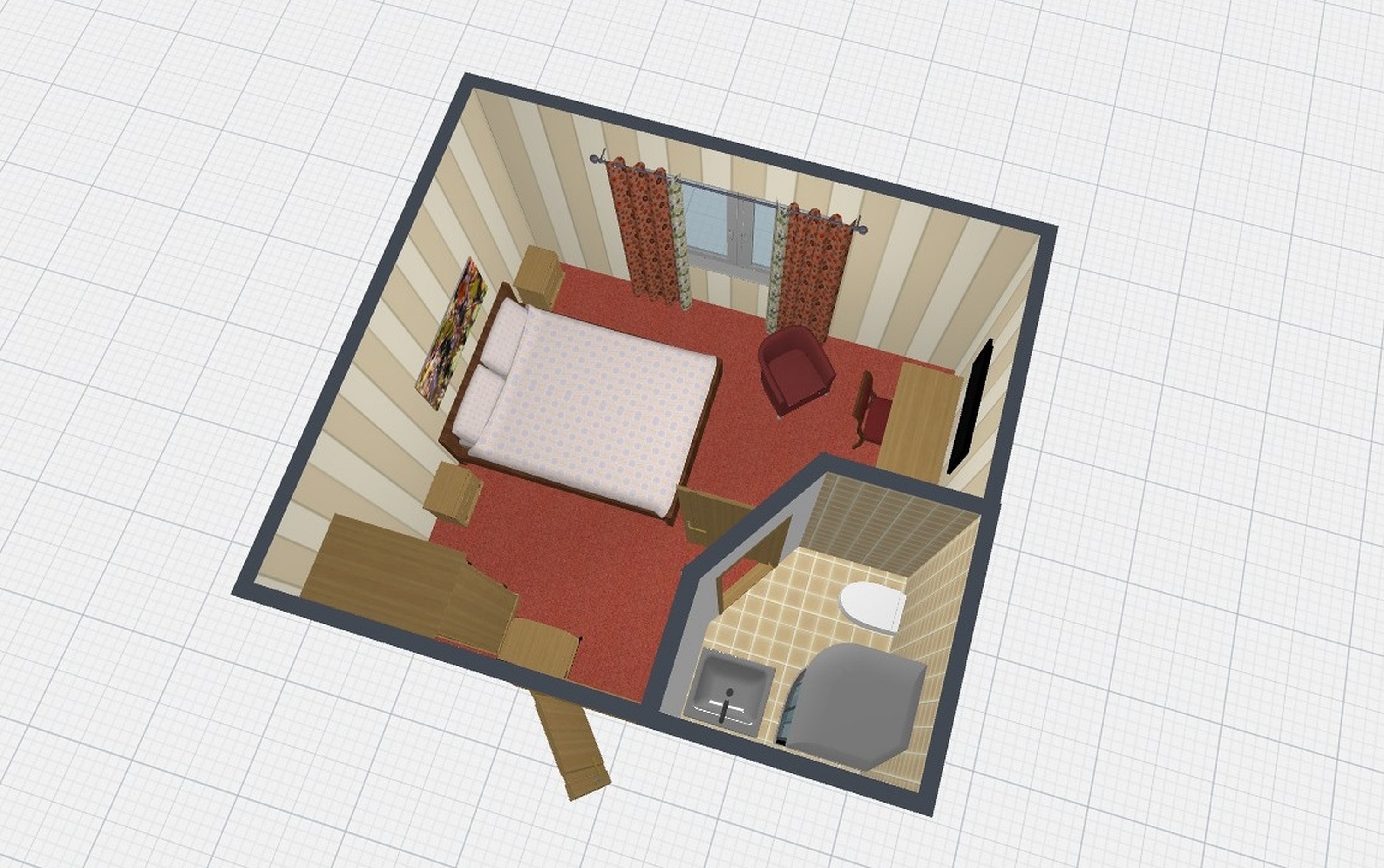 A 2D floor plan of a hotel room with a bed, a small seating area, a bathroom, and a window with curtains.