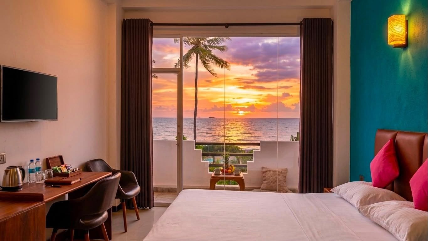 Habitación de hotel con cama, escritorio, silla, televisor y vista al atardecer sobre el océano.