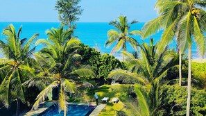 A pool area with palm trees, a view of the ocean, and a person cleaning the pool. - Ziegler Cottage (Negombo)