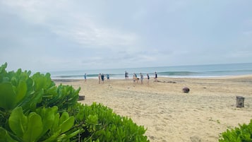 On the beach, white sand, sun-loungers, beach umbrellas