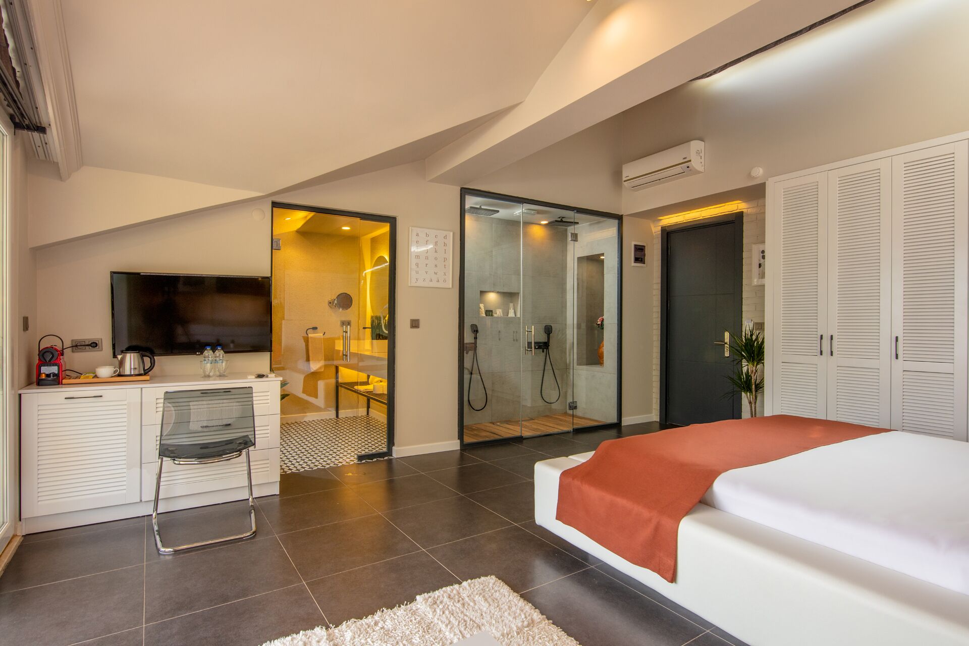 A modern hotel room with a bed, a desk with a TV, a shower area, and a wardrobe.