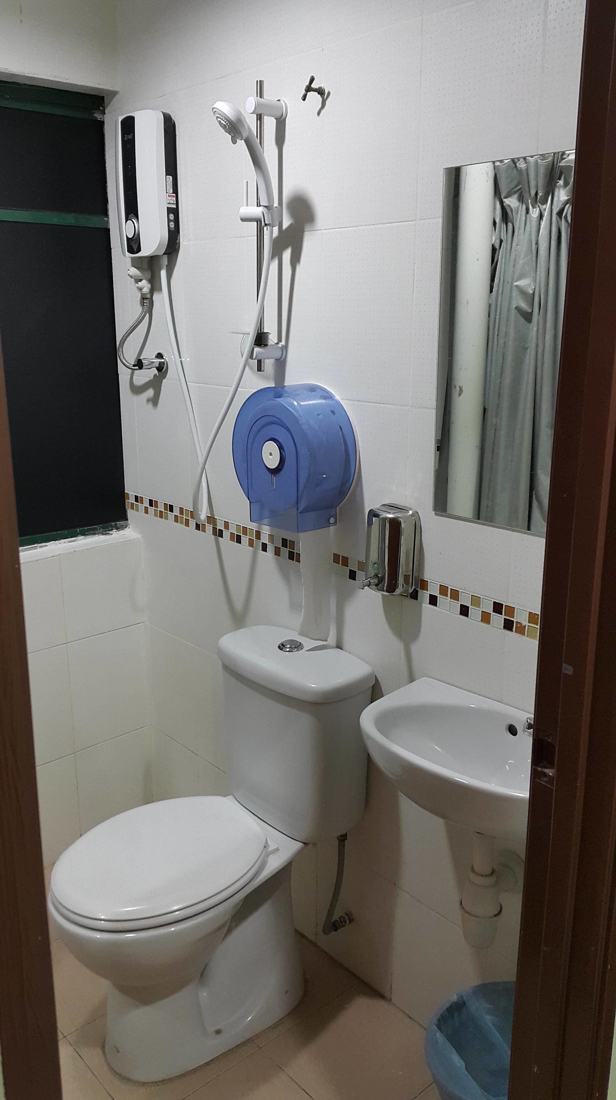 A small bathroom with a toilet, a sink, and a shower.