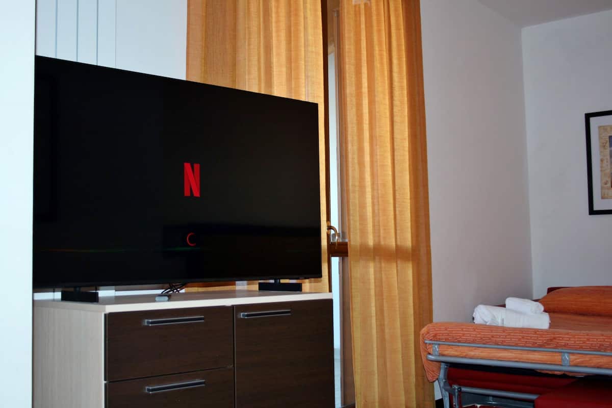 Huoneessa on litteänäyttöinen televisio, jossa näkyy Netflixin logo, puinen lipasto laatikoineen, oranssilla patjalla varustettu sänky ja seinällä oleva kehystetty kuva.