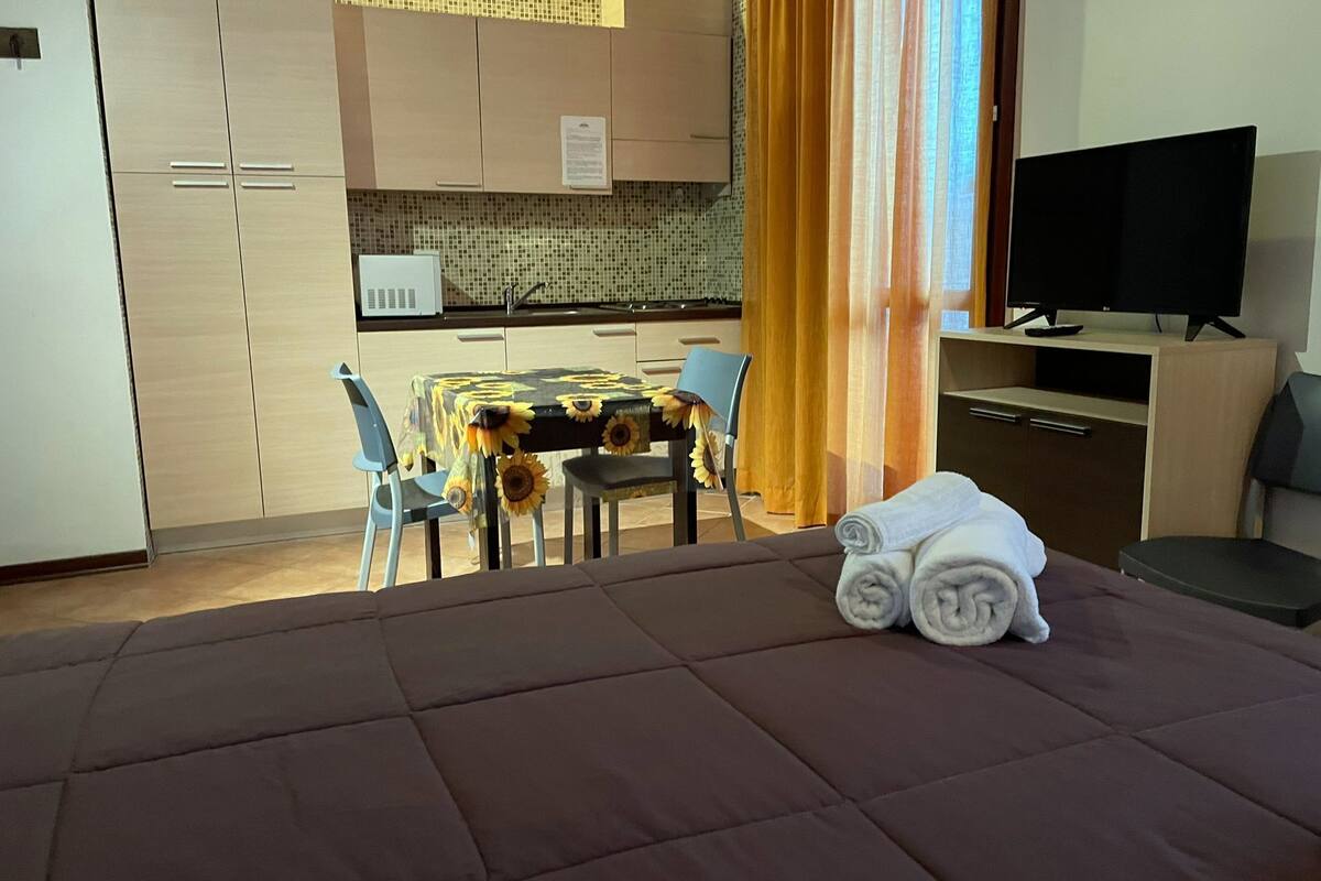Hotellihuone, jossa on sänky, televisio, työpöytä, tuoli, auringonkukkakuviollinen pöytäliinalla varustettu pöytä ja pieni keittiö.