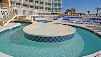Indoor pool, outdoor pool, pool loungers