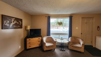 A room with two leather armchairs, a small table, a TV on a wooden cabinet, a window with curtains, and a door.