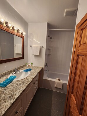 Ensemble baignoire-douche, articles de toilette (gratuits)