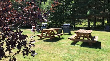 A picnic area with wooden tables and a barbecue grill.