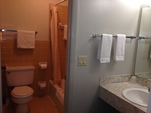 A bathroom with a toilet, shower, and sink. There are towels hanging on a rack.