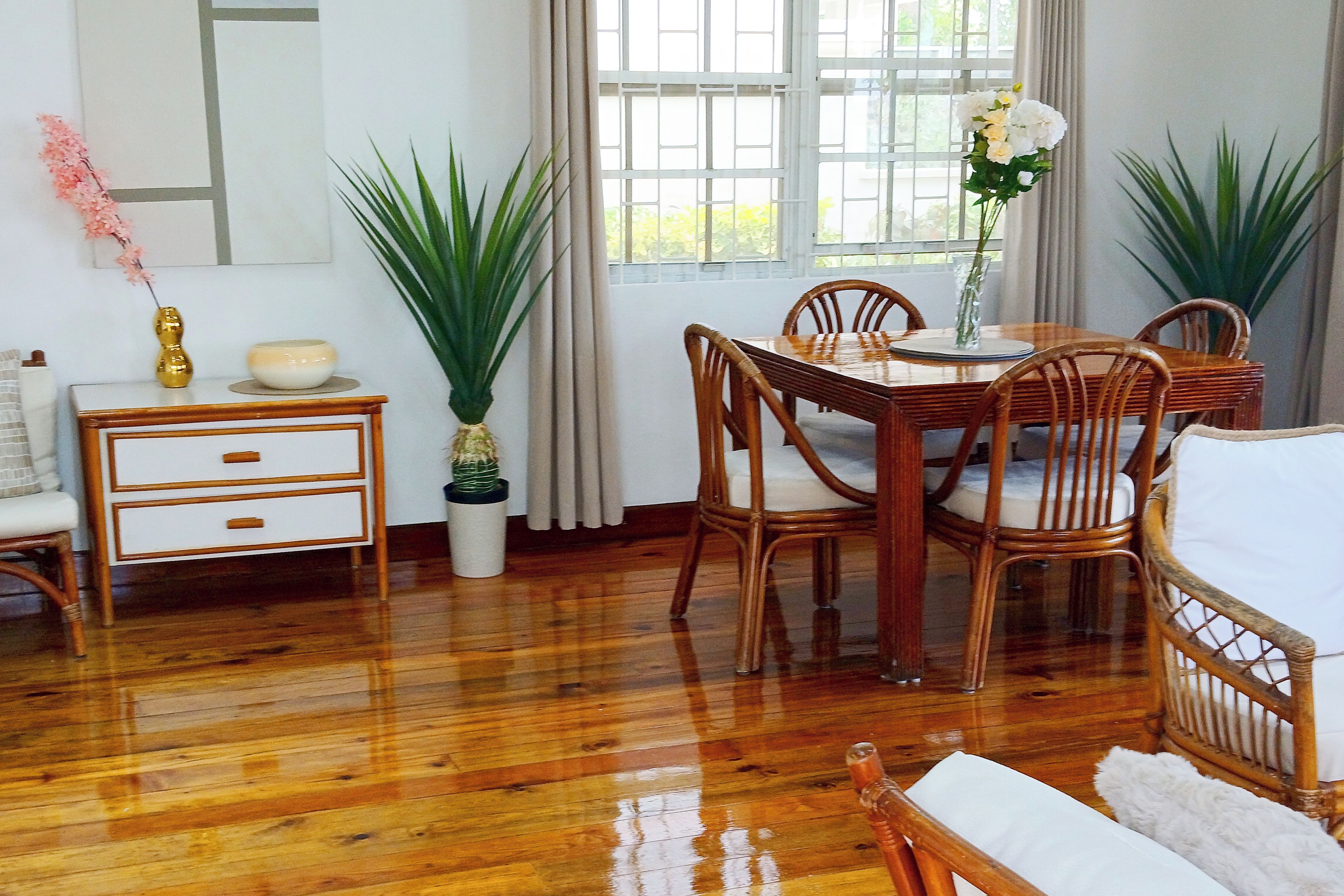 A dining area with a wooden table and chairs, a white cabinet with drawers, and a potted plant.
