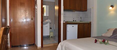 A bedroom with a bed, a wooden door, a bathroom with a sink, and a small kitchen area.