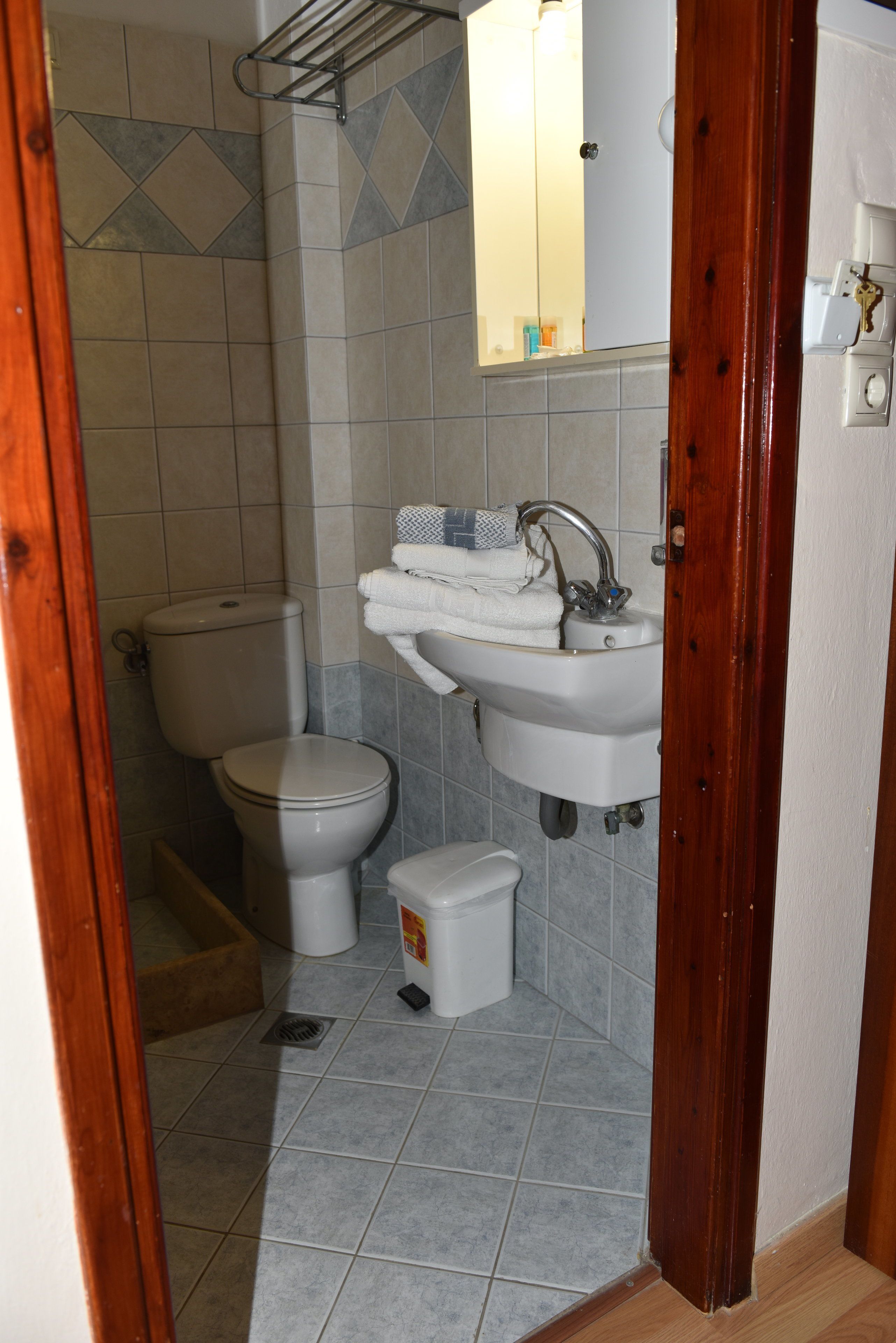 Baño con inodoro, lavamanos y un pequeño cubo de basura.