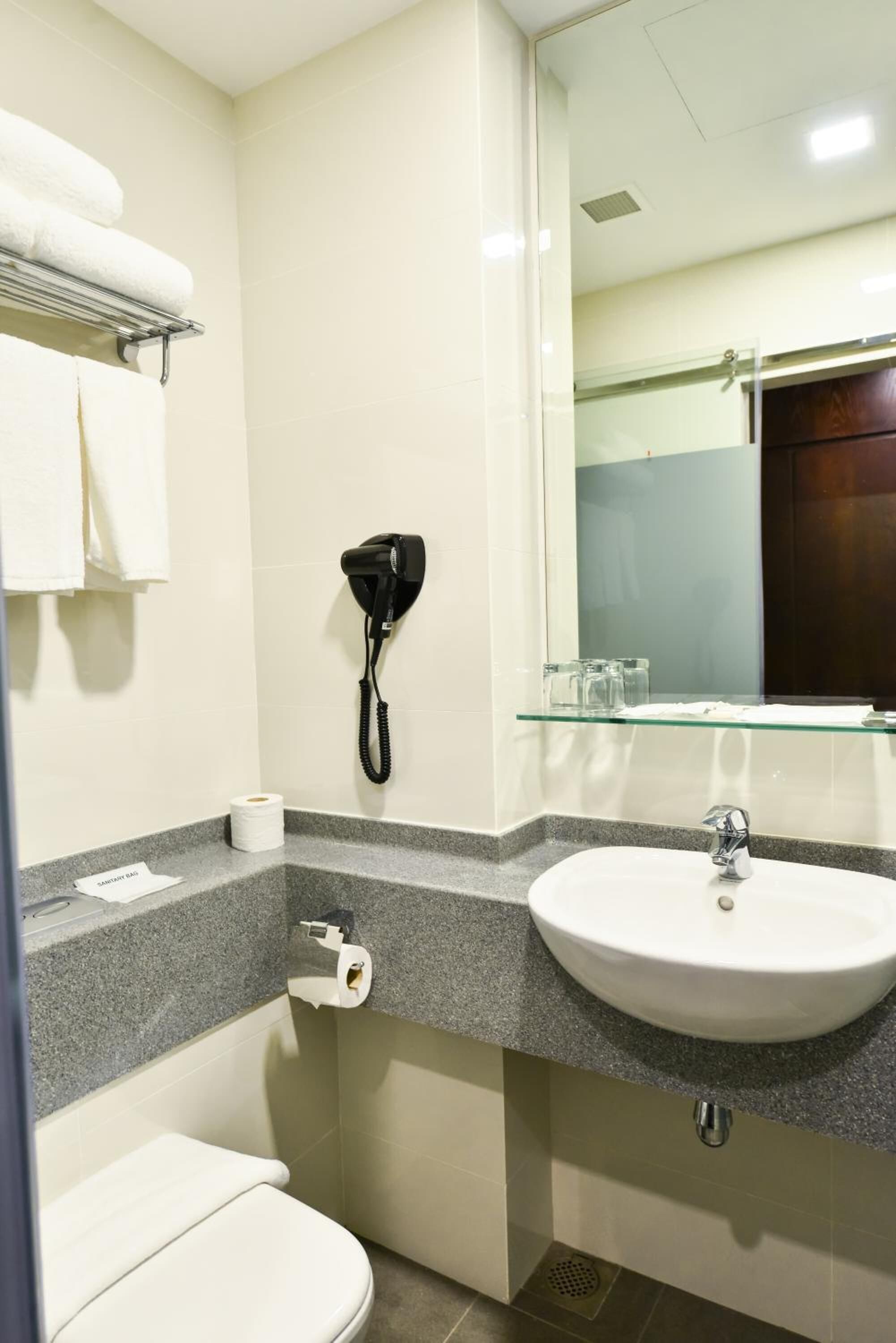 A bathroom with a toilet, sink, and a mirror.