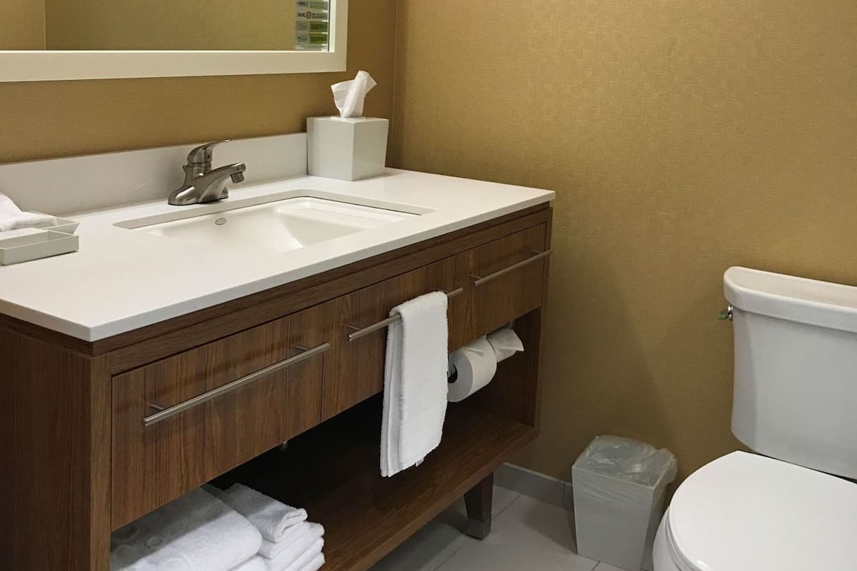 A bathroom with two sinks, a mirror, a toilet, and a trash bin.
