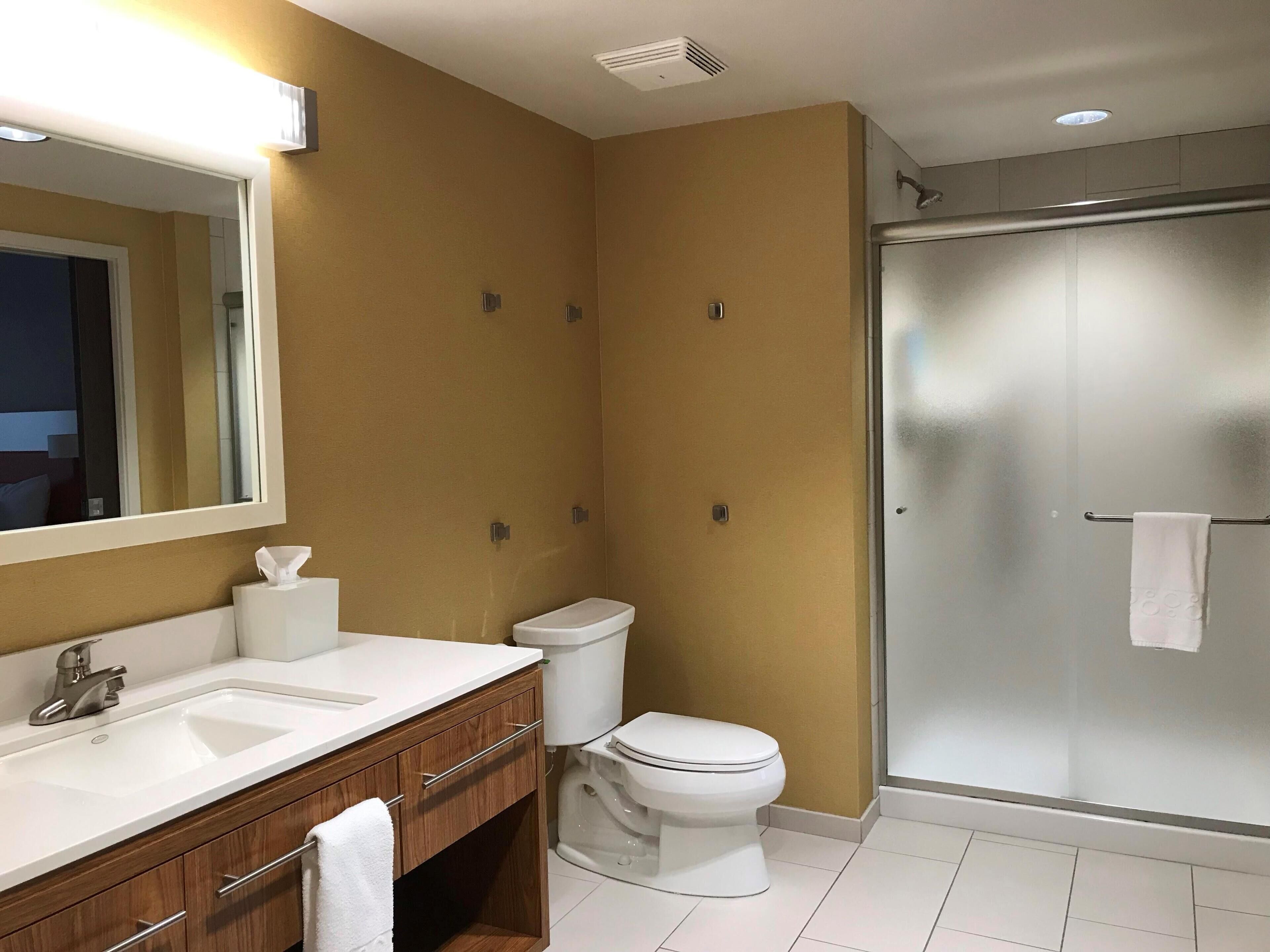 Une salle de bain moderne avec un lavabo, des toilettes et une douche à parois de verre.