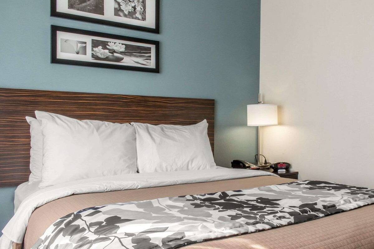 Une chambre d’hôtel avec une tête de lit en bois, un lit recouvert d’une literie blanche à motifs floraux, une table de chevet avec une lampe, et deux tableaux encadrés accrochés au mur.