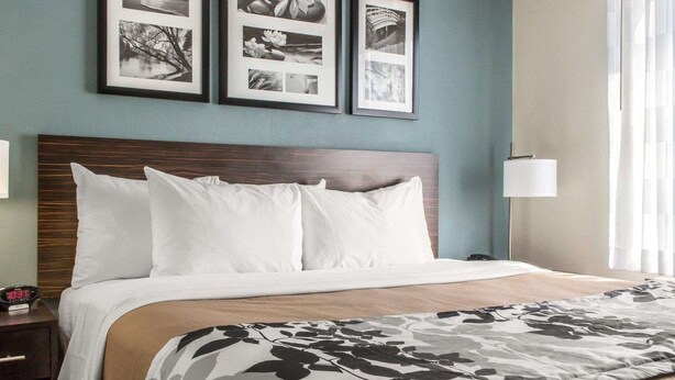 A hotel room with a bed, a nightstand, a lamp, and three framed pictures on the wall. - Sleep Inn Coney Island (Brooklyn)